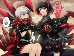 Rule 34 | 2girls, admiral graf spee (azur lane), azule-iro, azur lane, belt, black dress, black hair, blue eyes, clothing cutout, cloud, cloudy sky, color connection, commentary, cross, crossover, dress, english commentary, honkai (series), honkai impact 3rd, iron cross, mechanical hands, multicolored hair, multiple girls, red eyes, red hair, red scarf, scarf, seele (alter ego), seele vollerei, seele vollerei (stygian nymph), short hair, sky, streaked hair, sunset, trait connection, two-tone hair, underboob cutout, white belt, white hair