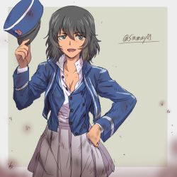 Rule 34 | 10s, 1girl, andou (girls und panzer), bc freedom (emblem), bc freedom military uniform, black hair, blue hat, blue jacket, blue vest, brown eyes, commentary, cowboy shot, dark-skinned female, dark skin, dirty, dirty clothes, dress shirt, emblem, girls und panzer, hand on own hip, hat, high collar, holding hands, jacket, long sleeves, looking at viewer, medium hair, messy hair, military, military hat, military uniform, miniskirt, one-hour drawing challenge, open clothes, open mouth, open shirt, open vest, outside border, pleated skirt, shako cap, shinmai (kyata), shirt, skirt, smile, solo, standing, twitter username, unbuttoned, unbuttoned shirt, uniform, unworn hat, unworn headwear, vest, white shirt, white skirt