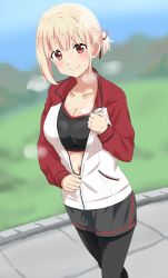 Rule 34 | 1girl, black bra, blonde hair, bra, breasts, cleavage, dars (recolors), hair ornament, highres, jacket, large breasts, looking at viewer, lycoris recoil, nishikigi chisato, open clothes, open jacket, red eyes, short hair, smile, solo, sports bra, sportswear, steaming body, stomach, sweat, underwear, unzipped