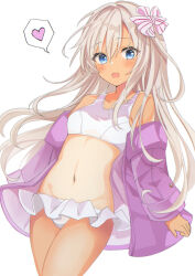 Rule 34 | 1girl, absurdres, bikini, blonde hair, blue eyes, blush, collarbone, cowboy shot, fathom, flower, hair between eyes, hair flower, hair ornament, heart, highres, jacket, kantai collection, long hair, long sleeves, looking at viewer, navel, official alternate costume, open clothes, open jacket, open mouth, pink flower, pink jacket, ro-500 (kancolle), simple background, smile, solo, spoken heart, swimsuit, tan, tanline, white background, white bikini