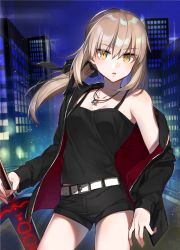 Rule 34 | 1girl, artoria pendragon (all), artoria pendragon (fate), bad id, bad twitter id, bare shoulders, blonde hair, camisole, cityscape, excalibur morgan (fate), fate/grand order, fate (series), jacket, jewelry, necklace, night, night sky, official alternate costume, saber (fate), saber alter, saber alter (ver. shinjuku 1999) (fate), shirako miso, short shorts, shorts, sky, solo, sword, tank top, weapon, yellow eyes