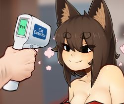 Rule 34 | 1girl, animal ear fluff, animal ears, ash sarai, bare shoulders, black eyes, blush, breasts, brown hair, cat detector, cleavage, collarbone, d-floe, hair between eyes, highres, japanese clothes, kimono, large breasts, long hair, meme, off shoulder, original, out of frame, smile, solo focus, thick eyebrows, upper body