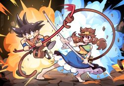 Rule 34 | 1boy, 1girl, absurdres, brown hair, child, clip studio paint (medium), commentary, commission, dragon ball, dress, english commentary, fighting, highres, loulou vz, monkey tail, multicolored clothes, smoke, son biten, son goku, staff, tail, touhou, unfinished dream of all living ghost
