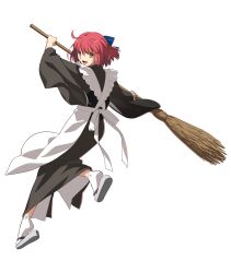 Rule 34 | 1girl, ahoge, apron, black kimono, black sleeves, blonde hair, blue bow, bob cut, bow, broom, facing away, frilled apron, frills, from behind, full body, game cg, grey footwear, highres, holding, holding broom, japanese clothes, kimono, kohaku (tsukihime), legs apart, long sleeves, looking at viewer, looking back, maid, maid apron, melty blood, melty blood: type lumina, non-web source, official art, open mouth, red hair, sandals, short hair, sidelighting, simple background, smile, solo, tabi, tachi-e, takeuchi takashi, transparent background, tsukihime, tsukihime (remake), type-moon, wa maid, white apron, yellow eyes, zouri