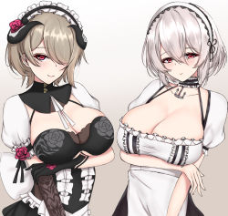 Rule 34 | 2girls, arm under breasts, artist request, asymmetrical clothes, asymmetrical gloves, asymmetrical hair, azur lane, black gloves, black horns, blush, breast hold, breasts, cleavage, cleavage cutout, clothing cutout, crossover, flower, frills, gloves, hair flower, hair ornament, hair over one eye, highres, honkai (series), honkai impact 3rd, horns, large breasts, looking at viewer, maid, medium hair, mole, mole under eye, multiple girls, red eyes, rita rossweisse, rita rossweisse (umbral rose), short sleeves, simple background, sirius (azur lane), underboob, uneven gloves, white hair