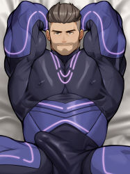 Rule 34 | 1boy, arms behind head, bara, black bodysuit, bodysuit, bulge, closed mouth, covered erect nipples, creatures (company), erection, erection under clothes, facial hair, game freak, highres, large pectorals, male focus, multicolored bodysuit, multicolored clothes, muscular, muscular male, nintendo, pectorals, pink bodysuit, pokemon, pokemon sv, purple bodysuit, ruisselait, short hair, smile, solo, turo (pokemon), undercut