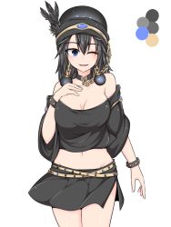 Rule 34 | 1girl, ;), alternate color, alternate eye color, alternate hair color, bare shoulders, black shirt, black skirt, blush, breasts, chain, cleavage, collar, cowboy shot, crop top, groin, hecatia lapislazuli, kuroba rapid, large breasts, looking at viewer, miniskirt, navel, off-shoulder shirt, off shoulder, one eye closed, parted lips, shirt, side slit, skirt, smile, solo, stomach, studded bracelet, touhou, wide sleeves