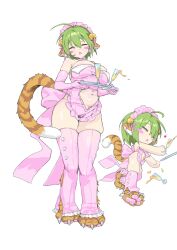 Rule 34 | 1girl, absurdres, alcohol, animal ears, blush, breasts, cat ears, cat feet, cat girl, cat paws, champagne, clawed feet, closed eyes, cup, elbow gloves, gloves, green hair, headdress, highres, kichiko (m nohohon), kichiko (tockojj), large breasts, maid, maid headdress, muffin top, navel, plate, ribbon, tail, thick thighs, thighhighs, thighs