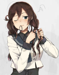 Rule 34 | 1girl, adjusting hair, annin musou, bad id, bad twitter id, black sailor collar, black shirt, blush, braid, braiding hair, brown hair, buttons, collared shirt, cropped jacket, green eyes, grey background, hair between eyes, hair tie in mouth, hairdressing, jacket, kantai collection, long hair, long sleeves, mouth hold, noshiro (kancolle), one eye closed, sailor collar, shirt, solo, twin braids, upper body, white jacket