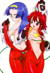 Rule 34 | 00s, 2girls, absurdres, aresta blanket, arrester blanket, ass, blue hair, bodysuit, breasts, brown eyes, butt crack, censored, convenient censoring, fight ippatsu! juuden-chan!!, glasses, hairband, headband, highres, long hair, multiple girls, navel, nyantype, official art, open bodysuit, open clothes, open shirt, plug cryostat, red eyes, red hair, scan, shiny clothes, shirt, short hair, sideboob, skin tight, sugimoto isao, topless, undressing