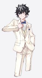 Rule 34 | 1boy, ;), adjusting clothes, black hair, blue bow, blue bowtie, blue eyes, bow, bowtie, charlemagne (fate), closed mouth, cropped legs, fate/grand order, fate (series), formal, hand in pocket, highres, long sleeves, looking at viewer, male focus, multicolored hair, one eye closed, pants, ribbed shirt, shirt, short hair, simple background, smile, solo, streaked hair, suit, two-tone hair, vest, white background, white hair, white pants, white suit, white vest, yamamon 0