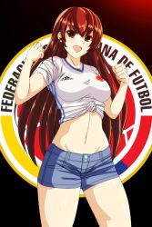 Rule 34 | 1girl, adidas, angerox, black background, breasts, brown eyes, brown hair, buttons, clenched hands, clothes writing, colombia, copa america, cowboy shot, crop top, denim, denim shorts, eyebrows, highres, large breasts, logo, long hair, looking at viewer, midriff, navel, original, shirt, short shorts, short sleeves, shorts, simple background, soccer, solo, spanish text, standing, stomach, t-shirt, very long hair, white shirt