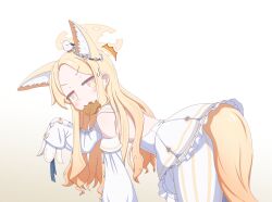 Rule 34 | 1girl, animal ear fluff, animal ears, ass, bare back, bent over, blonde hair, blue archive, commentary request, detached sleeves, extra ears, food, forehead, fox ears, fox girl, fox tail, halo, long hair, long sleeves, looking at viewer, mouth hold, mugisepa, orange eyes, parted bangs, school uniform, seia (blue archive), sidelocks, simple background, sleeves past fingers, sleeves past wrists, solo, sweatdrop, tail, taiyaki, v-shaped eyebrows, wagashi, white background, wide sleeves