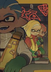Rule 34 | 3boys, absurdres, badge, blonde hair, blue eyes, blue hair, can, cigarette, commentary request, drinking straw, drinking straw in mouth, fangs, gloves, green eyes, green gloves, high-visibility vest, highres, holding, holding can, inkling, inkling boy, inkling player character, iwamushi, male focus, mouth hold, multiple boys, neon lights, nintendo, octoling, octoling boy, octoling player character, pointy ears, red hair, rubber gloves, salmon run (splatoon), scowl, smoke, smoking, splatoon (series), splatoon 3, tentacle hair