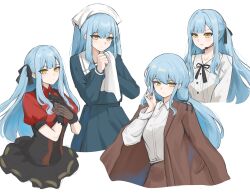 1girl absurdres bang_dream! bang_dream!_it&#039;s_mygo!!!!! black_ribbon black_skirt blue_hair blue_shirt blue_skirt brown_jacket chinese_commentary closed_mouth collared_shirt commentary_request dress_shirt hair_ribbon highres jacket jacket_on_shoulders long_hair long_sleeves microphone multiple_views neck_ribbon parted_lips puffy_short_sleeves puffy_sleeves red_shirt ribbon school_uniform shirt short_sleeves sidelocks simple_background skirt togawa_sakiko tsukinomori_school_uniform two_side_up unique_(pixiv12704744) white_background white_shirt yellow_eyes