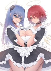 Rule 34 | 2girls, :d, absurdres, alternate costume, apron, arknights, ass, black choker, black dress, blue hair, blush, breast press, breasts, choker, cleavage, collarbone, detached wings, dress, energy wings, enmaided, exusiai (arknights), frilled apron, frilled dress, frills, gloves, hair over one eye, halo, highres, horns, juejue, large breasts, long hair, maid, mostima (arknights), multiple girls, open mouth, orange eyes, parted lips, puffy short sleeves, puffy sleeves, red hair, short hair, short sleeves, simple background, smile, symmetrical docking, upskirt, waist apron, white apron, white background, white gloves, wings