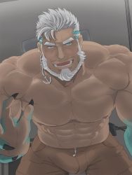 Rule 34 | 1boy, abs, absurdres, aegir (housamo), anchor earrings, aqua hair, bara, beard, blue eyes, brown pants, bulge, come hither, dark-skinned male, dark skin, earrings, erection, erection under clothes, facial hair, feet out of frame, fingernails, fins, fish boy, highres, jewelry, large pectorals, leaning forward, male focus, mature male, multicolored hair, muscular, muscular male, navel, nipples, open fly, outstretched hand, pants, pectorals, seductive smile, sharp fingernails, short hair, shumeru hito (a sumerian0112), single earring, smile, solo, stomach, streaked hair, tokyo houkago summoners, topless male, white hair
