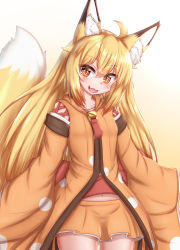 Rule 34 | 1girl, :3, ahoge, animal ear fluff, animal ears, blonde hair, blush, commentary request, cowboy shot, fang, fox ears, fox girl, fox tail, gradient background, highres, horokusa (korai), korai (horokusa), long hair, looking to the side, miniskirt, navel, open mouth, orange skirt, original, partial commentary, skirt, smile, solo, tail, white background, yellow background, yellow eyes