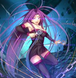 Rule 34 | 1girl, armpits, black dress, black sleeves, black thighhighs, breasts, chain, cleavage, collarbone, detached sleeves, dress, eyelashes, fate/stay night, fate (series), floating hair, hair intakes, highres, iro (sekaixiro), large breasts, long hair, long sleeves, looking at viewer, medusa (fate), medusa (rider) (fate), nameless dagger (fate), open mouth, purple eyes, purple hair, short dress, sleeveless, sleeveless dress, solo, strapless, strapless dress, sweatdrop, thighhighs, tube dress, v-shaped eyebrows, very long hair, zettai ryouiki