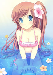 Rule 34 | 1girl, :o, arm support, bikini, blue eyes, breasts, brown hair, cleavage, collarbone, flower, hibiscus, highres, kaiware-san, long hair, looking at viewer, navel, original, partially submerged, side-tie bikini bottom, side ponytail, solo, submerged, swimsuit, taut clothes, untied, very long hair