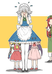 Rule 34 | 4girls, aged down, ankle socks, apron, bat wings, black footwear, blonde hair, blue dress, blush, braid, commentary request, covering face, dress, embarrassed, flandre scarlet, frilled apron, frills, grey hair, highres, holes, hong meiling, inuno rakugaki, izayoi sakuya, long hair, looking at another, looking at viewer, maid, maid headdress, mary janes, multiple girls, peeking out, pink dress, red dress, red eyes, red footwear, red hair, remilia scarlet, shoes, short hair, sidelocks, socks, standing, thigh grab, thighhighs, thighhighs pull, touhou, twin braids, waist apron, white apron, white legwear, wings