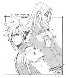 Rule 34 | 2boys, armor, border, character name, chest strap, cloud strife, earrings, final fantasy, final fantasy vii, final fantasy vii remake, greyscale, hair behind ear, hair between eyes, high collar, hiryuu (kugelcruor), jacket, jewelry, long hair, looking at viewer, looking to the side, male focus, monochrome, multiple boys, open collar, parted bangs, sephiroth, short hair, shoulder armor, signature, single earring, sleeveless, sleeveless turtleneck, spiked hair, suspenders, turtleneck, upper body