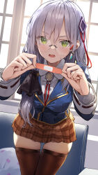 Rule 34 | 1girl, absurdres, amagasa yun, bandaid, black ribbon, blue jacket, blush, breasts, brown skirt, brown thighhighs, collared shirt, earpiece, glasses, green eyes, grey hair, hair between eyes, hair ornament, hair ribbon, heaven burns red, highres, holding bandaid, indoors, izumi yuki (heaven burns red), jacket, long hair, long sleeves, looking at viewer, medium breasts, neck ribbon, plaid, plaid skirt, pleated skirt, red ribbon, ribbon, round eyewear, school uniform, second-party source, shirt, sidelocks, skirt, sleeve cuffs, solo, standing, sweat, thighhighs, upper body, v-shaped eyebrows, white shirt, zettai ryouiki