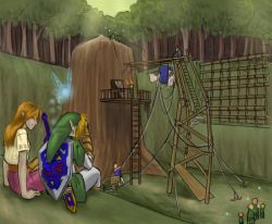 Rule 34 | 1boy, 1girl, blonde hair, cow, facepalm, fairy, forest, gameplay mechanics, hands on own face, hat, hylian shield, kokiri, ladder, link, long hair, malon, master sword, nature, navi, nintendo, onlookers, orange hair, outdoors, pointy ears, rah-bop, rope, scaffolding, shield, shield on back, sign, signature, sitting, skirt, smile, sword, the legend of zelda, the legend of zelda: ocarina of time, traffic baton, tree, treehouse, tunic, weapon
