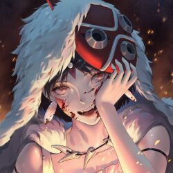 Rule 34 | 1girl, black hair, blood, blood on face, cape, commentary, dangle earrings, earrings, eyelashes, facial mark, fangs, fire, fur cape, hand on own face, highres, jewelry, looking at viewer, mask, mask on head, mononoke hime, mumu lin, necklace, open mouth, portrait, red eyes, san (mononoke hime), short hair, solo, sparks, teeth, tooth necklace, white fur
