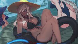 Rule 34 | 3girls, ;), absurdres, aiko (less), artist name, ass, bare legs, bare shoulders, barefoot, bikini, black bikini, black sclera, blonde hair, braid, breasts, collarbone, colored sclera, commentary, dark-skinned female, dark skin, english commentary, facing away, front-tie bikini top, front-tie top, hat, head out of frame, highres, large breasts, less, lips, long hair, looking at viewer, mole, mole on breast, multiple girls, one-piece swimsuit, one eye closed, original, pointy ears, purple hair, purple one-piece swimsuit, rabbit tail, reclining, side-tie bikini bottom, silver hair, sitting, smile, straw hat, sun hat, swimsuit, tail, very long hair, very long sleeves, water