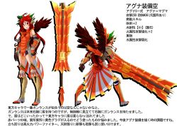Rule 34 | 1girl, agnaktor (armor), bird wings, black wings, boots, byoubyou, capcom, club (weapon), crossover, elbow gloves, female focus, gauntlets, gloves, hair ornament, hair ribbon, kanabou, monster hunter (series), red eyes, red hair, reiuji utsuho, ribbon, solo, thigh boots, thighhighs, third eye, touhou, translation request, weapon, wings