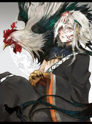 Rule 34 | 1boy, animal, animal hands, bird, bird boy, bird mask, blood, blood on face, brown eyes, brown kimono, chicken, chicken boy, chinese zodiac, claws, cropped shirt, facial mark, frea, gradient background, grey background, japanese clothes, kimono, long hair, long sleeves, looking at viewer, male focus, mandarin collar, mask, monster boy, one eye covered, open mouth, original, rooster, short sleeves, simple background, sitting, solo, tassel, upper body, white hair, wide sleeves, year of the rooster