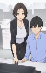 Rule 34 | 1boy, 1girl, absurdres, black hair, black pants, blue shirt, breasts, brown eyes, brown hair, earrings, formal, highres, jewelry, large breasts, long sleeves, mouse (computer), necklace, office lady, original, pant suit, pants, shirt, suit, vest, wakamatsu372, white shirt