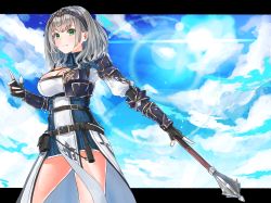 Rule 34 | 1girl, absurdres, armor, belt, belt buckle, black gloves, blue sky, breastplate, breasts, buckle, circlet, cleavage, cleavage cutout, closed mouth, clothing cutout, cloud, day, fingerless gloves, gloves, gold trim, green eyes, highres, holding, holding weapon, hololive, large breasts, lens flare, looking at viewer, mace, medium hair, outdoors, roco (rocoroco1115), shirogane noel, shirogane noel (1st costume), shoulder armor, sky, solo, sunlight, thighs, utility belt, virtual youtuber, weapon, white hair, wrist guards