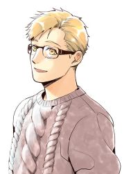 Rule 34 | 1boy, aged up, alphonse elric, aran sweater, arms at sides, bespectacled, black-framed eyewear, blonde hair, cable knit, facing away, fullmetal alchemist, glasses, grey sweater, light blush, light smile, looking afar, male focus, pai (1111), parted lips, sidelighting, simple background, sweater, swept bangs, tareme, upper body, white background, yellow eyes