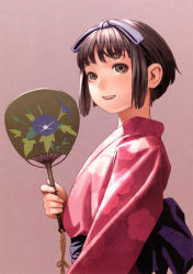 Rule 34 | 1girl, :d, absurdres, bob cut, brown eyes, brown hair, copyright request, floral print, from side, hair ribbon, hand fan, highres, holding, holding fan, japanese clothes, kimono, looking to the side, murata range, obi, open mouth, paper fan, pink background, pink kimono, print kimono, purple ribbon, ribbon, sash, scan, short hair, sidelocks, simple background, smile, solo, teeth, uchiwa, upper body