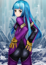 Rule 34 | 1girl, blue hair, blush, bodysuit, breasts, chaps, closed mouth, gloves, highres, ice, kula diamond, latex, latex bodysuit, long hair, looking at viewer, red eyes, sideboob, solo, standing, the king of fighters