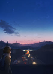 Rule 34 | 1girl, bag, black hair, bridge, brown coat, brown hair, car, city, city lights, cloud, coat, commentary request, from behind, highres, highway, lamppost, landscape, motor vehicle, mountainous horizon, night, original, pochi (poti1990), power lines, road, road sign, scarf, scenery, school bag, sign, solo, standing, star (sky), tree, truck, twilight, utility pole, vanishing point, windmill