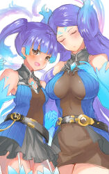 Rule 34 | 2girls, belt, blue fire, blue gloves, blue hair, breasts, brighid (xenoblade), brighid (xenoblade) (cosplay), chest cutout, chest jewel, closed eyes, cosplay, covered navel, elbow gloves, fiery hair, fire, garter straps, gloves, gradient hair, hair rings, highres, holding hands, large breasts, long hair, loose belt, medium breasts, multicolored hair, multiple girls, official alternate costume, purple hair, sena (xenoblade), side ponytail, smile, thighhighs, unigon (kitsutsuki), very long hair, xenoblade chronicles (series), xenoblade chronicles 2, xenoblade chronicles 3