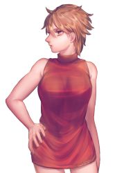 Rule 34 | 1girl, breasts, brown hair, cleo (suikoden), closed mouth, dress, gensou suikoden, gensou suikoden i, highres, sakai (motomei), short hair, simple background, solo, white background