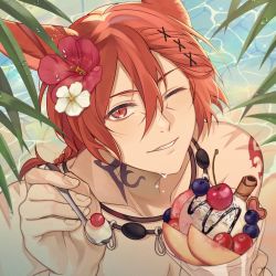 Rule 34 | 1boy, animal ears, arm tattoo, beach, blueberry, braid, cat ears, cherry, facial mark, final fantasy, final fantasy xiv, flower, food, from above, fruit, g&#039;raha tia, hair between eyes, hair flower, hair ornament, hand up, hibiscus, highres, holding, holding food, holding spoon, ice cream, incoming food, looking at viewer, looking up, low ponytail, male focus, miqo&#039;te, neck tattoo, ocean, one eye closed, outdoors, palm leaf, parfait, parted lips, portrait, red eyes, red hair, selloum, short hair, short ponytail, single braid, slit pupils, smile, solo, spoon, sundae, tattoo, water, wet, x hair ornament