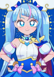 Rule 34 | 1girl, blue cape, blue dress, blue eyes, blue hair, brooch, cape, closed mouth, commentary, cure sky, cut bangs, dress, earrings, fingerless gloves, gloves, hands on own hips, highres, hirogaru sky! precure, jewelry, long hair, looking at viewer, magical girl, meranoreuka (pandapaca), multicolored hair, pink hair, precure, red cape, single earring, single sidelock, sleeveless, sleeveless dress, smile, solo, sora harewataru, standing, twintails, two-sided cape, two-sided fabric, two-tone dress, two-tone hair, very long hair, white dress, white gloves, wing brooch
