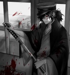 Rule 34 | 1boy, blood, blood on clothes, blood on face, blood on hands, blood splatter, fate/grand order, fate (series), greyscale, hair over one eye, hat, holding, holding sheath, holding sword, holding weapon, japanese clothes, male focus, monochrome, okada izou (fate), red eyes, sheath, sheathed, solo, sword, tsuno (tnngur), weapon, wide sleeves, window