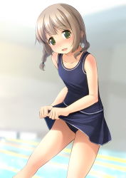 Rule 34 | 1girl, :d, bare arms, bare shoulders, blue one-piece swimsuit, blurry, blurry background, braid, breasts, brown hair, collarbone, commentary request, commission, depth of field, feet out of frame, green eyes, hair over shoulder, highres, indoors, long hair, low twintails, one-piece swimsuit, open mouth, original, pool, school swimsuit, shibacha, skeb commission, small breasts, smile, solo, swimsuit, thighs, twin braids, twintails, water