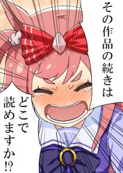 Rule 34 | 1girl, agnes digital (umamusume), animal ears, blouse, blush, bow, commentary request, crying, closed eyes, hair bow, horse ears, horse girl, kuromitu (kuromitu0813), long hair, motion lines, open mouth, pink hair, portrait, purple shirt, school swimsuit, shirt, simple background, solo, swimsuit, translated, umamusume