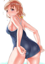 Rule 34 | 1girl, adjusting clothes, adjusting swimsuit, ahoge, ass, ass focus, back, bare arms, bare shoulders, blue one-piece swimsuit, blush, braid, breasts, competition school swimsuit, covered navel, cowboy shot, curvy, gonta (gshoutai), hair ribbon, highres, looking at viewer, love live!, love live! sunshine!!, medium breasts, narrow waist, one-piece swimsuit, orange hair, partially submerged, raised eyebrows, red eyes, ribbon, ribs, school swimsuit, short hair, shoulder blades, side braid, sideboob, skin tight, skindentation, solo, spaghetti strap, surprised, swimsuit, takami chika, tareme, trefoil, wading, water, wet, wet clothes, wet hair, white background, wide hips, yellow ribbon