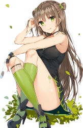 Rule 34 | 1girl, :p, absurdres, black dress, black footwear, black gloves, black skirt, blush, bow, breasts, brown hair, camisole, closed mouth, commentary, dog tags, double bun, dress, fingerless gloves, girls&#039; frontline, gloves, green bow, green eyes, green socks, hair between eyes, hair bow, hair bun, hand in own hair, high heels, highres, kneehighs, large breasts, leaf, long hair, looking at viewer, mary janes, pleated skirt, revision, rfb (girls&#039; frontline), rikoma, shoes, short dress, simple background, single fingerless glove, single glove, sitting, skirt, smile, socks, solo, thighs, tongue, tongue out, white background