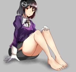 Rule 34 | 10s, 1girl, bad id, bad pixiv id, barefoot, black hair, brown eyes, feet, gloves, haguro (kancolle), hair ornament, hand on own knee, hizagawa rau, juliet sleeves, kantai collection, long sleeves, looking at viewer, miniskirt, no legwear, open mouth, puffy sleeves, shirt, short hair, side slit, sitting, skirt, solo, white gloves