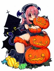 Rule 34 | 1girl, blush, breasts, candy, cape, cleavage, demon tail, detached sleeves, elbow gloves, gloves, headphones, jack-o&#039;-lantern, large breasts, long hair, looking at viewer, midriff, nitroplus, open mouth, pink hair, pumpkin, red eyes, solo, super sonico, tail, traditional media, wing ears, yaya (yayaya)