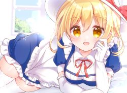 Rule 34 | 1girl, apron, blonde hair, blue dress, bow, collared shirt, commentary request, dress, elbow gloves, frilled dress, frills, gloves, hand on own face, hat, hat bow, highres, kana anaberal, looking at viewer, medium hair, neck ribbon, open mouth, puffy short sleeves, puffy sleeves, ribbon, shirt, short sleeves, solo, sun hat, touhou, touhou (pc-98), white apron, white gloves, white hat, white shirt, yellow eyes, yurufuwa milk